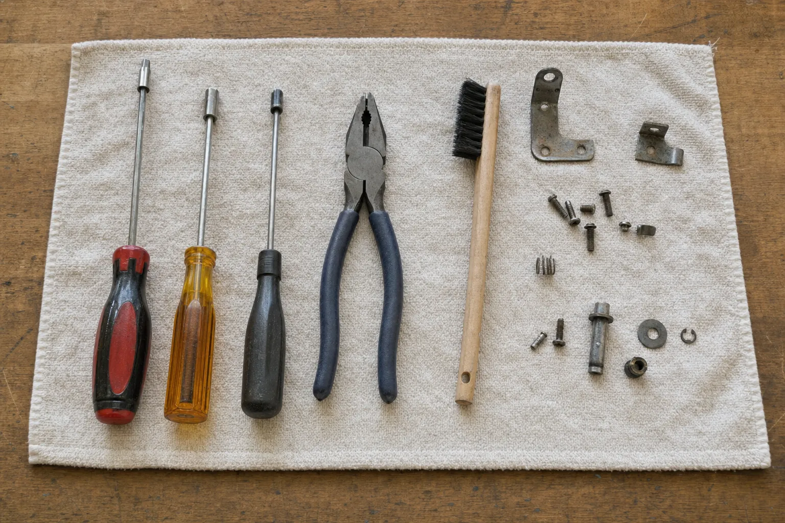 Nut drivers, screwdrivers, pliers and a wire brush laid out on a cloth beside brackets and screws