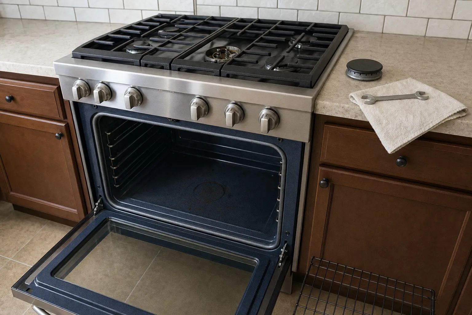 Stainless gas range with the oven door open and the rack out, data plate area of the frame exposed