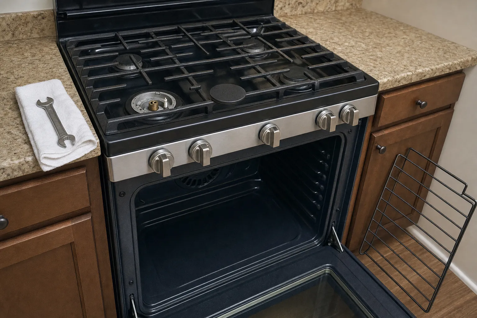 Black gas cooktop with one burner stripped to its orifice, oven door open below on an empty cavity