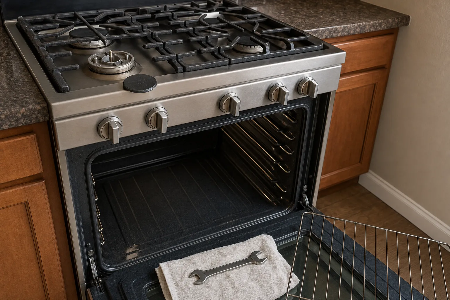 Five-knob stainless range beside wood cabinets, the front left burner bare to its base with the cap set on the cooktop, a towel and wrench on the open oven door