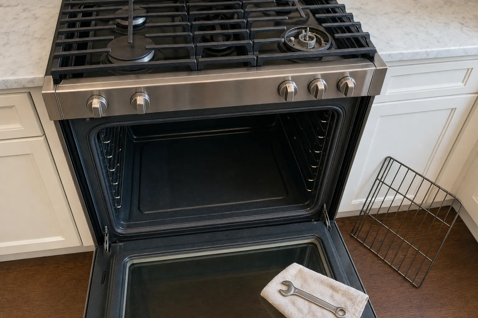 Five-knob stainless range between white cabinets, the rear right burner uncapped to its electrode, the oven open with a towel and wrench on the door glass