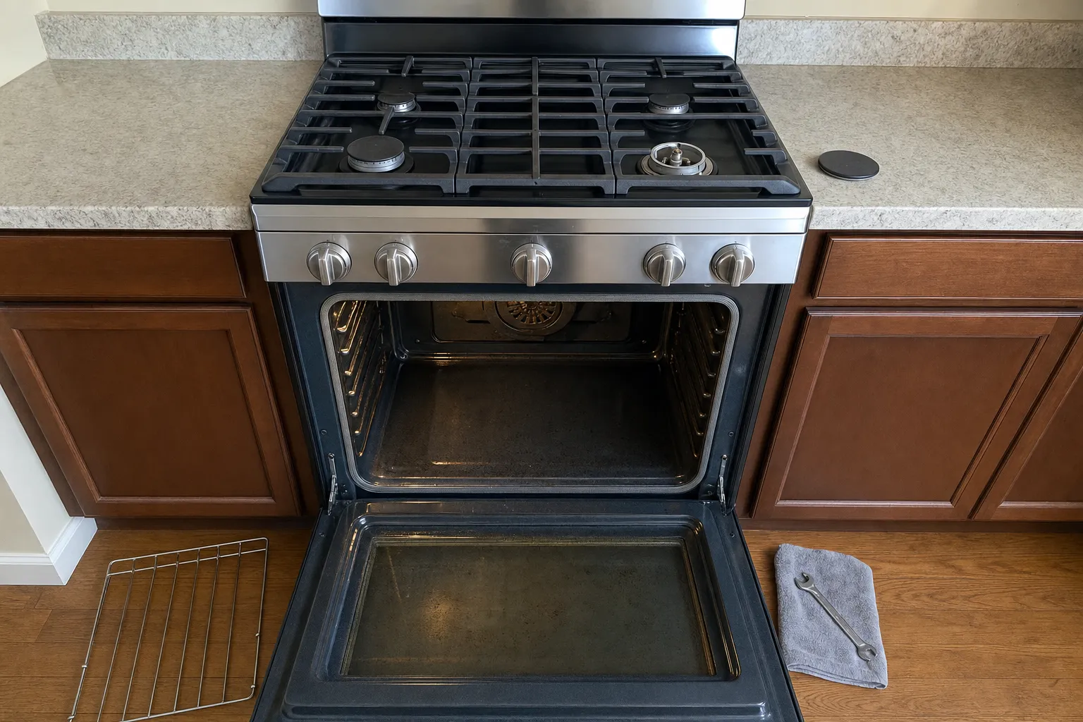 Five-knob gas range seen straight on between brown cabinets, the oven open to its fan cover, the front right burner uncapped and its cap on the counter