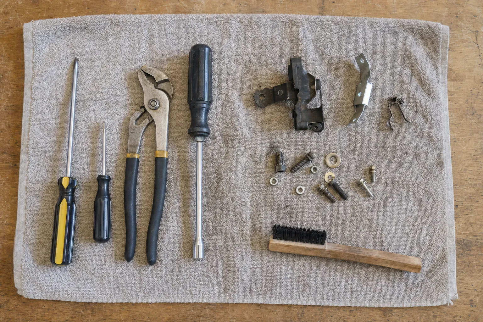 Two screwdrivers, tongue-and-groove pliers and a nut driver on a grey towel beside a black cast bracket, a spring clip, bolts, washers and a brush